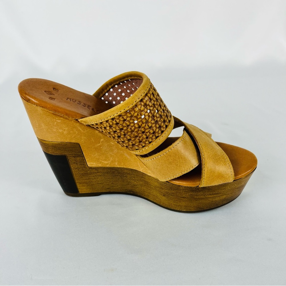 Musse & Cloud Woven Suede Leather Wedge Mule Camel Tan Brown Size 36 US 5.5-6